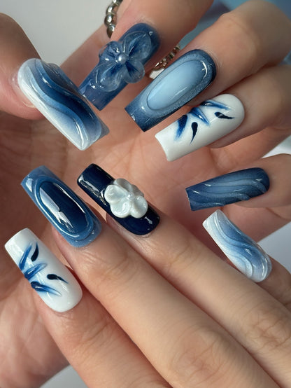 chinese blue and while porcelain 3D Nails