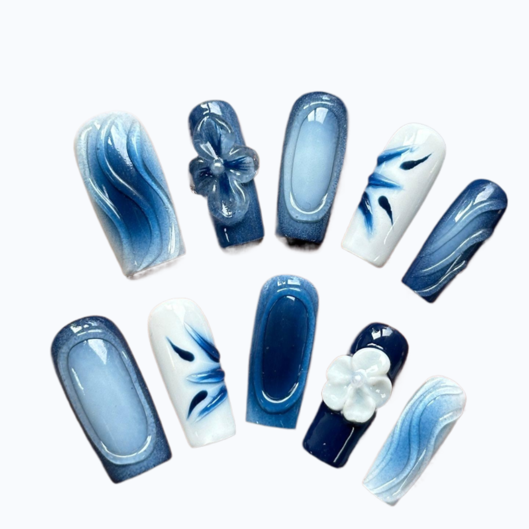 chinese blue and while porcelain 3D Nails